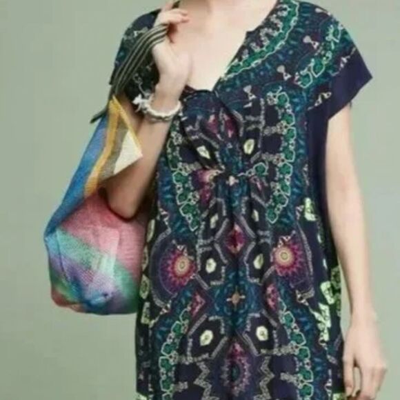 (BOGO FREE) Anthropologie Maeve Navy Medallion Silk Lined Dress XS - Picture 1 of 3